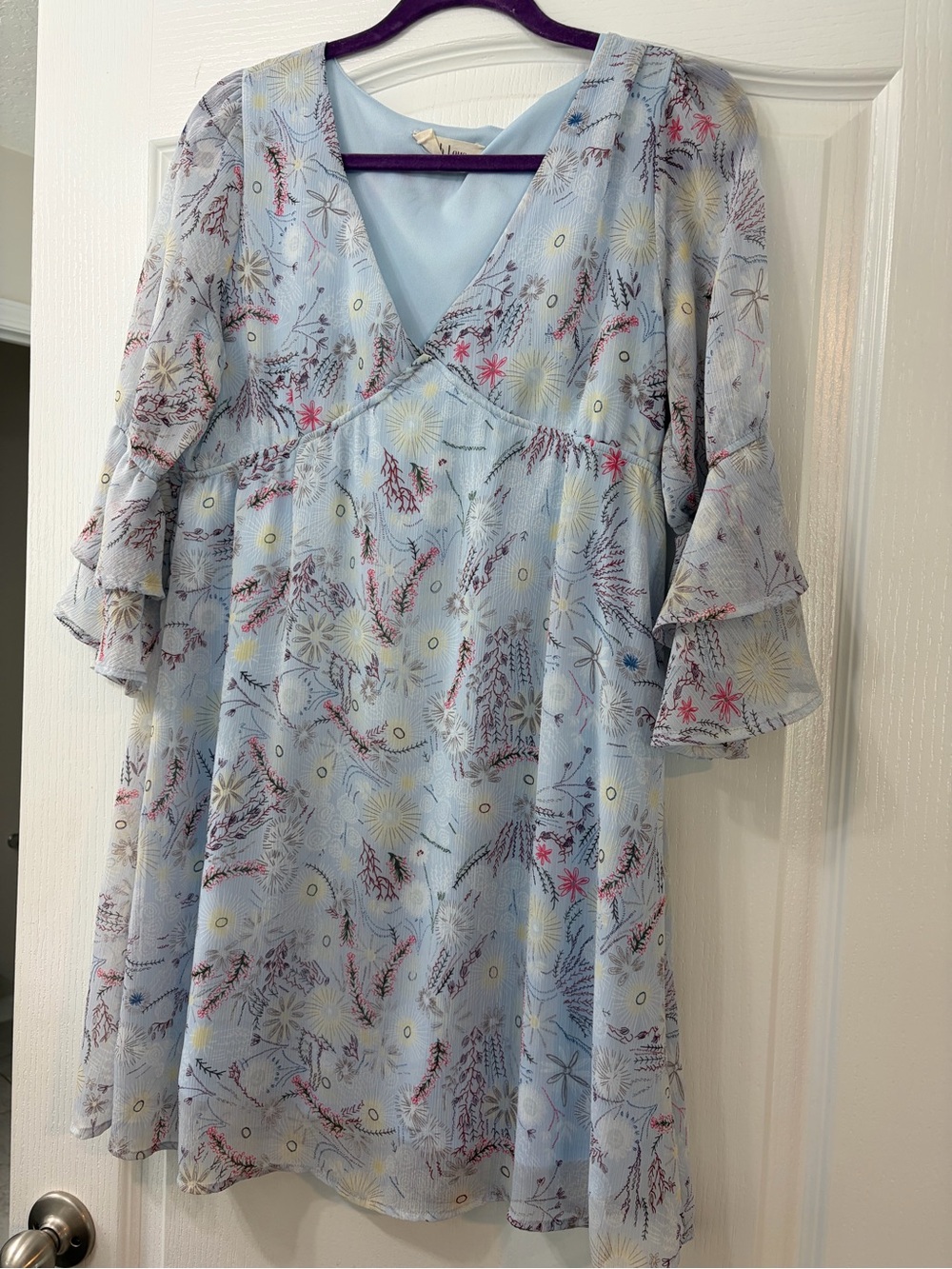Peach Love California Light Blue Floral Wrap Midi Dress